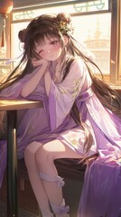 Anime Girl in Traditional Dress Sitting by a Window