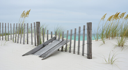 Serene Beach Scene Broken Fence White Sand Sea Oats Turquoise Ocean