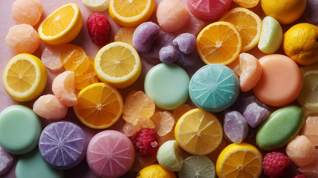 The best-selling and delicious candy dessert sweets on the table set in an unusual background marshmallow candy and seets delicious looking table arrangement