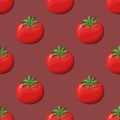 Tomato Seamless Pattern: Vibrant red tomatoes with green stems arranged in a repeating pattern against a rich burgundy background.