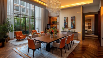 magine Side view of luxury dining room, golden hour light on ivory decor, crystal chandelier above polished wood table