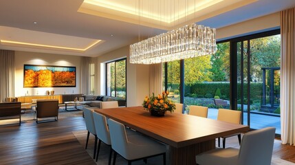 Fototapeta premium magine Side view of luxury dining room, golden hour light on ivory decor, crystal chandelier above polished wood table