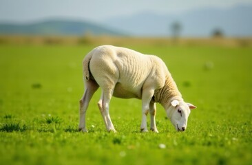 Obraz premium Young lamb grazing on lush green meadow in serene countryside setting
