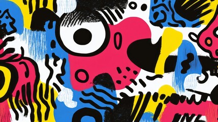 Colorful abstract painting composed of various shapes and brushstrokes