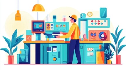 Minimal concept of a technician operating a horizontal extrusion press, soft gradients and isolated background 