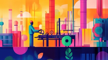 Minimal style worker adjusting controls of an industrial rolling machine, smooth color blocks and abstract backdrop 