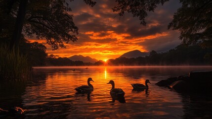 Majestic sunrise over tranquil lake with ducks