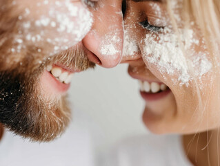 Close up of genuine laughter between couple covered in flour, showcasing joy and connection in playful moment