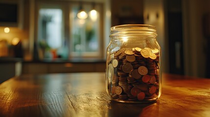 Glass jar filled with coins on a wooden table, symbolizing simple savings and financial goals