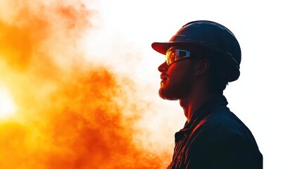 Minimalist side view of a worker operating a forging machine, clean lines and neutral tones, isolated on white background