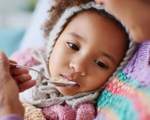 Caring mother spoon feeding her sick child, showcasing tender moment of love and support during difficult time