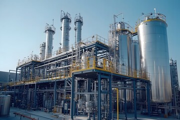 Fototapeta premium Steel Pipes and Storage Tanks of Chemical Production Facility with Blue Sky Background