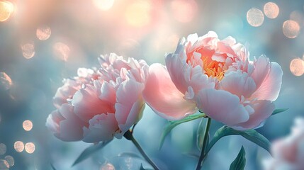 Pastel peonies in full bloom with warm garden light texture background