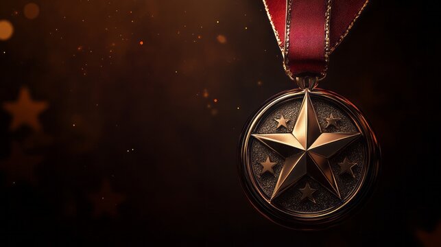 Golden medal with star hangs from a red satin ribbon