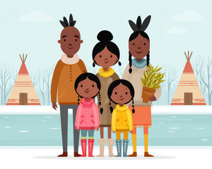 joyful Indigenous family celebrating together in winter landscape, surrounded by traditional teepees and serene river
