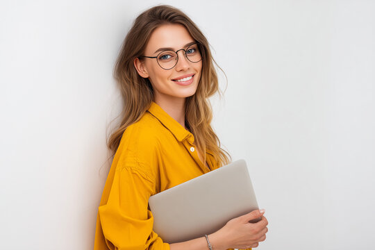 Smiling Smart Young Successful Employee IT Businesswoman Corporate Manager Student Freelancer Using Laptop PC Computer Working Remotely Holding Isolated on White Background