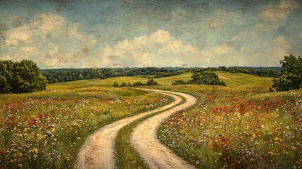 Naklejka premium Winding rural road through flower fields under bright spring skies texture background