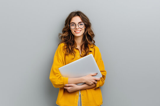 Positive Smiling Young Successful Employee IT Businesswoman Corporate Manager Student Freelancer Holding Laptop PC Computer Working Remotely in Office Isolated on White Background