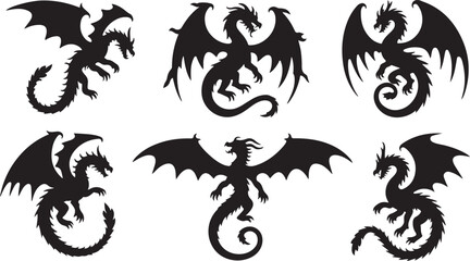 Dragon Silhouette. Dragon Crest Wings great set collection, dragon tattoo designs, Black vector illustration on white background .