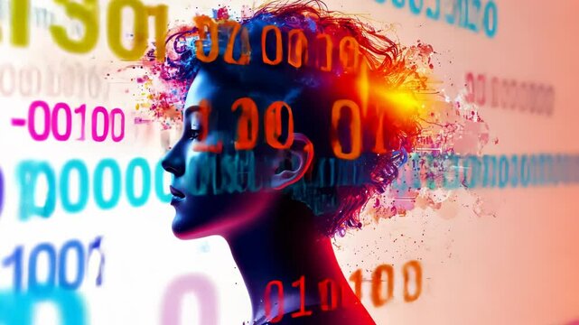 Abstract digital art portrait of a woman.  Colorful, vibrant, and artistic representation of a person with a digital, tech-inspired background.  Her hair is a dynamic, exploding display of color