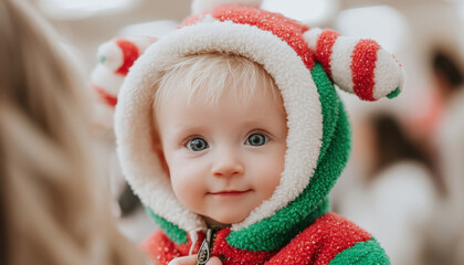 Festive baby wearing colorful holiday outfit with cheerful expression, perfect for celebrating season