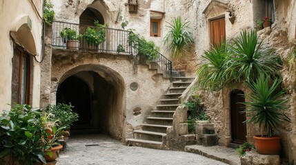 Fototapeta premium Italian village courtyard stairs, plants, travel