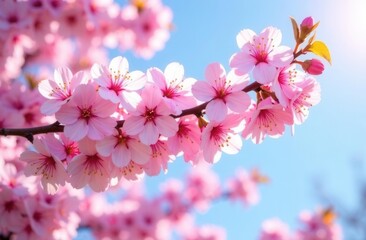 Obraz premium Vibrant pink cherry blossoms against a clear blue sky in full bloom