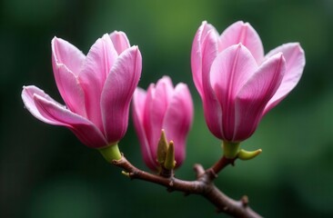 Obraz premium Vibrant pink magnolia flowers in bloom against soft green backdrop