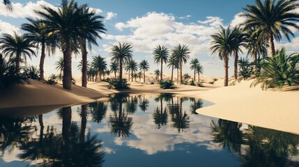 Fototapeta premium Serene desert oasis featuring palm trees reflected in the calm water surface