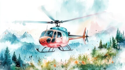 Obraz premium A colorful watercolor illustration of a helicopter flying over lush green forests and majestic mountains under a vibrant sky.
