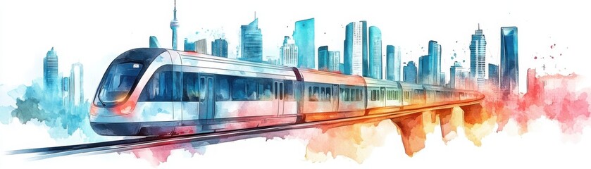 Obraz premium A vibrant watercolor illustration of a modern train traveling through a cityscape filled with tall buildings and vibrant colors.