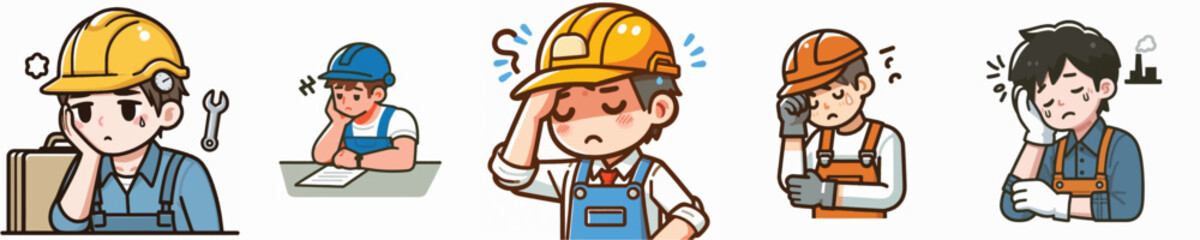 Set Vector of a tired factory worker, simple minimalist and flatdesign white background