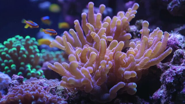 underwater scene featuring vibrant coral polyps in a colorful reef, surrounded by playful small fish swimming, showcasing the harmony of ocean life