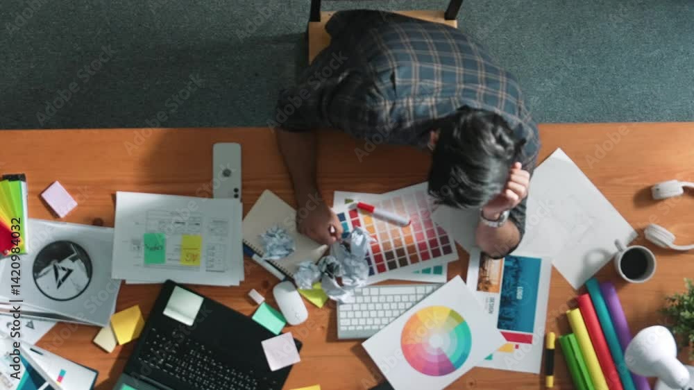 Poster top down view of designer work on palettes and crumpled paper. top view of skilled business man run 