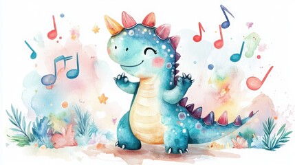 A cheerful, cartoon dinosaur with colorful spikes dances amidst musical notes and vibrant splashes of color.