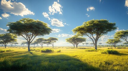 Fototapeta premium Brightly lit savanna with acacia trees casting long shadows texture background