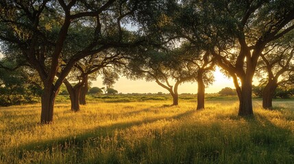 Fototapeta premium Brightly lit savanna with acacia trees casting long shadows texture background