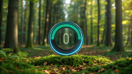 clean energy interface displayed in forest setting, featuring circular gauge with digital readout of zero. vibrant green moss and trees create serene atmosphere, emphasizing sustainability