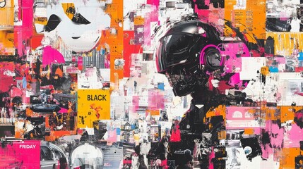 Abstract representation of a figure in a helmet and headphones