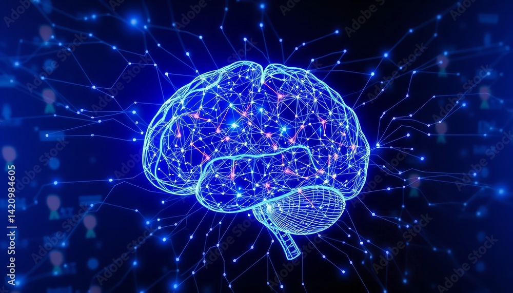 Poster abstract digital brain neural network connections blue technology art mind data mesh lines nodes