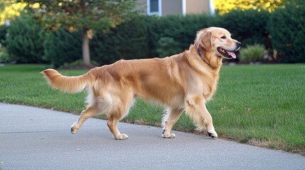 Golden retriever strolling on a path, bathed in warm evening light, embodying peaceful companionship with nature.