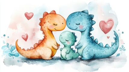 A colorful, playful watercolor illustration of three cute dinosaurs, radiating warmth and love with hearts around them.