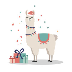 Llama in a festive setting celebrating with gifts and colorful confetti  