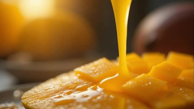 Macro shot of mango juice dripping from freshly sliced fruit, warm backlight, shallow depth