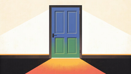 closed bedroom door with vibrant blue and green design, illuminated by soft light creating warm atmosphere. contrasting colors and shadows evoke sense of mystery and invitation