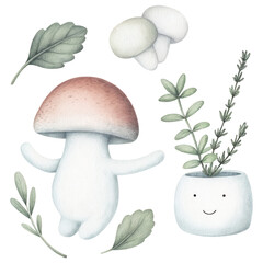 cute cartoon food concept featuring smiling mushroom character surrounded by leaves isolated on transparency background
