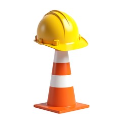 Yellow hard hat on orange cone safety construction 3D render white