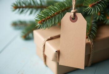 Brown gift box with blank tag and pine branch on blue wooden surface