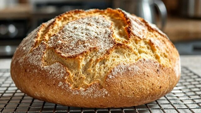 Close-Up Video of Freshly Baked Bread Cooling on Wooden Table in Rustic Kitchen
