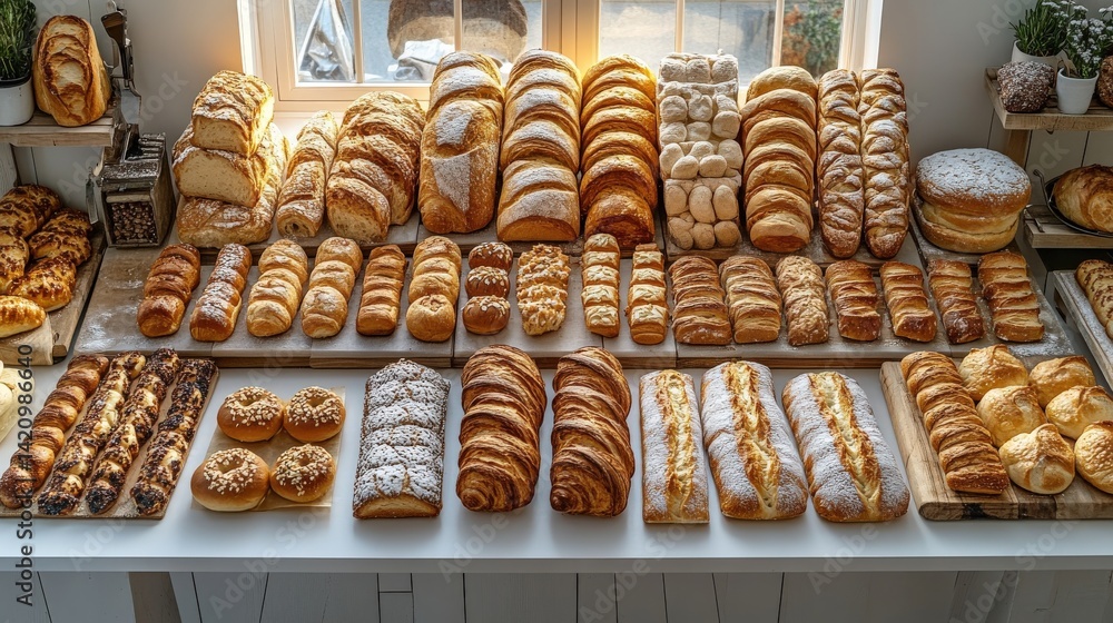 Poster a vibrant display of assorted baked goods arranged neatly on a table near a sunlit window